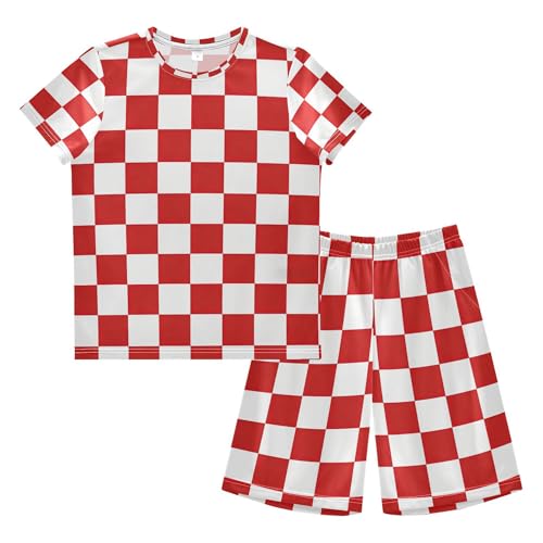 Wudan 2 Piece Boys Summer Short Sets Fashion Teen Boys Swimsuits Red White Checkboard 12Y