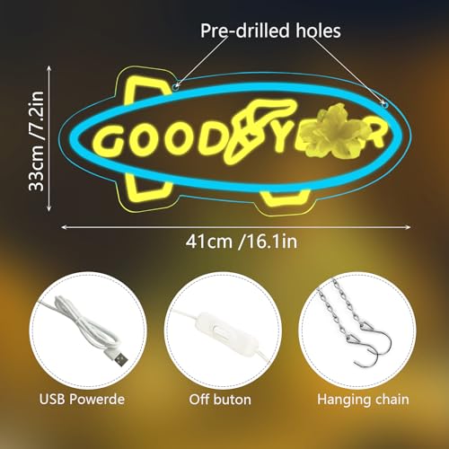 Image of WonderfulLife Goodyear Neon Sign for Tire Shop Auto Service or Garage Decor,Led Lights for Bar Man Cave Wall Decor,Bright Light of Automotive Supplies Store Display,5V USB Powered Easy Hanging.