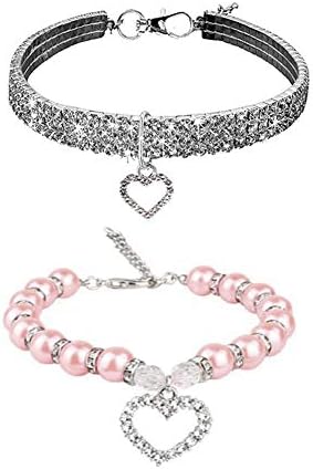 WoYous Rhinestones Dog Collar and Pearl Dog Necklace Set, Adjustable Neck Strap Bling Full Diamond Crystal Cute Pearl Dog Collar for Small Girls Cats Puppy Accessary for Wedding Birthday Party (S)