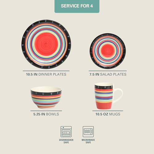 Image of Gibson Home Festival Rings 16-Piece Stoneware Dinnerware Set - Colorful Hand-Painted Plates, Bowls & Mugs, Service for 4, Dishwasher & Microwave Safe Vibrant Tableware