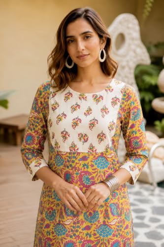 Image of MIRCHI FASHION Women's Straight Fit Pure Cotton Embellished Floral Printed Kurta Set with Dupatta and Trouser