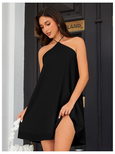 Image of OYOANGLE Women's Summer Beach Dresses Sleeveless Halter Tie Back Solid Backless Flared Short Dress