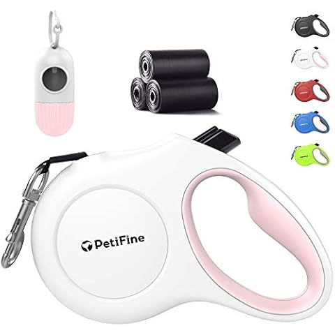 PetiFine Retractable Dog Leash with Dispenser and Poop Bags, 16ft Heavy Duty Reflective Walking Pet Leash for X-Small/Small/Medium/Large Breed Dogs or Cats up to 18 lbs, Tangle-Free(White,New) Cover