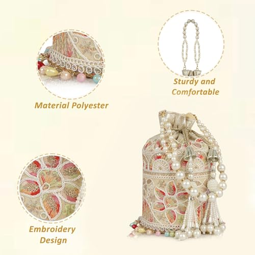 Image of Nevis Silk Fabric Embroidered Potli Bag with Pearl Beaded Handle | Designe Ethnic Drawstring Clutch for Wedding, Festive