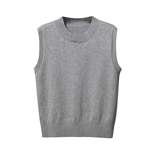 Women's Sweater Vest Knitted Jumper Crew Neck Tank Tops Chunky Knitwear Pullover Casual Women Sweater Vest Sleeveless Round Neck Sweatshirt Short Knitted Tank Tops Knit Blouses for Ladies