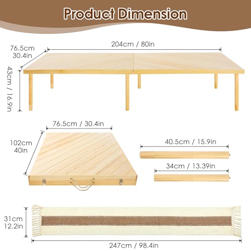 Folding Picnic Table with Table Runner, Portable Boho Low Picnic Table for Indoor Outdoor, 80" x 30" Wooden Table with Adjustable Heights for Camping, Wedding, Beach, Garden, Party (Large Size for 8) by GLDZI - Image 5