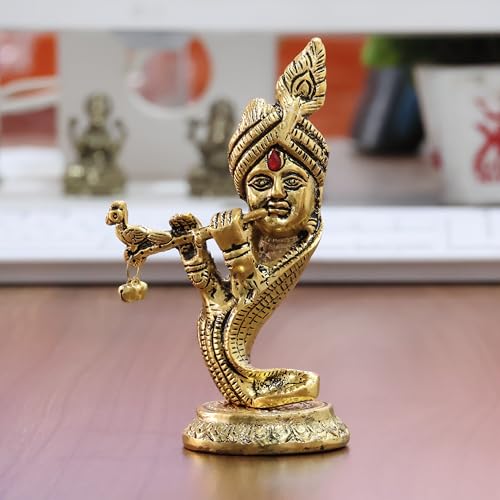 Image of KridayKraft Pagdi Krishna with Playing Flute Idol, Gold-Toned Metal Decorative Showpiece Hindu Religious Art Figurine, Statue
