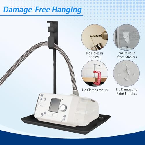 Image of CPAP Hose Holder for Bed - (Wall-Damage-Free) Black CPAP Machine Protective Tray with Adjustable Height Hook for Hanging Mask & Accessories to Keep Bedside Tidy
