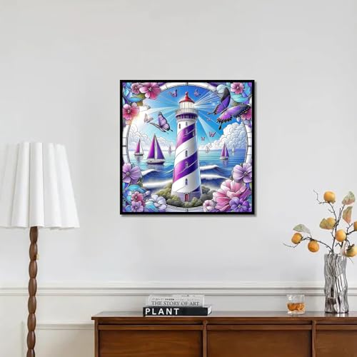 Image of AiYuanzsh Lighthouse Diamond Painting Kits for Adults, Sailing Sea Landscape 5D Diamond Art Kits for Adults, DIY Full Drill Round Diamond Dot Gem Art Wall Decor 13.8x13.8 Inch