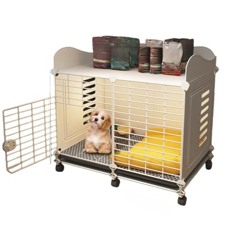 EVREFINペットベーシックペットペットハウストレー付き洗浄簡単大容量簡単組立中型犬小型犬屋根付きホイール屋内・屋外使用に適した家庭用屋内犬小屋トイレ一体冬の保温フェンステディビーベア犬ケージ (大全セット:犬小屋+食事セット,73*37*67(トップス