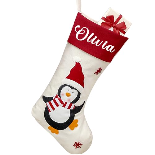 EDSG Personalized Christmas Stockings with Names Custom Christmas Family Stockings Christmas Tree Decorations Xmas Stockings Socks Hanging Ornaments Candy Pouch Bag(Penguin)