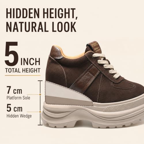 Image of Comfortable Women's Platform Sneakers, 5 Inch Heel Wedge Sneakers for Women, 12cm High Chunky Platform Shoes, Genuine Suede Leather Upper Casual Walking Shoes for Office Working Everyday wear