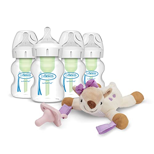 Image of Dr. Brown’s Natural Flow® Anti-Colic Options+™ Wide-Neck Baby Bottles 9 oz/270 mL, with Level 1 Slow Flow Nipple, 4 Pack & Deer Lovey with HappyPaci Pacifier, 0m+