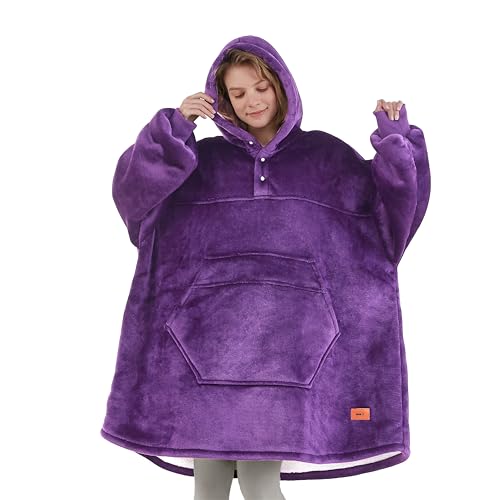 Degrees of Comfort Wearable Blanket Hoodie, Oversized Sherpa Hooded Blankets Sweatshirt - Warm for Women and Men - 38x32 inch Adult Size, Purple