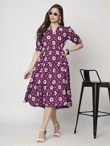 Image of Women's Floral Summer Maxi Dress I Cotton Printed I One Piece Bodycon Midi Dress with V-Neck, Puffed Sleeves