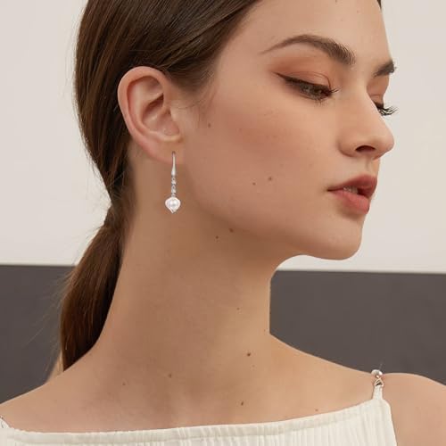 Pearl Drop Earrings - Sterling Silver Fish Hook Dangle Earrings with Cubic Zirconia, Heart-Shaped Pearl Jewelry Gifts for Birthday, Wedding - Image 7