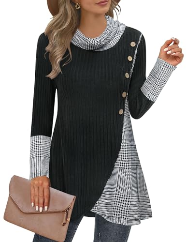 Miusey Women's Pullover Sweaters Lightweight Sweatshirts for Women Ladies Cowl Neck Cross Hem Tunic Sweaters Black White Plaid XL