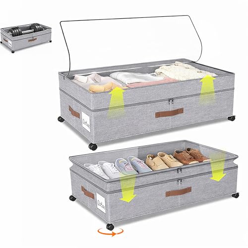 2Pack Underbed Storage Bags with Wheel, Adjustable Height Storage Boxes Organizer 70L (Gray 2Pack)