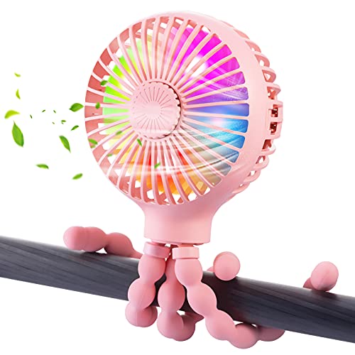 Image of AGWIM Baby Stroller Fan, Battery Operated Handheld Fan, Personal Rechargeable Desk Fan with 3 Speeds & Led Light & Aromatherapy, Flexible Tripod Clip On Fan for Car Seat Crib Bike Treadmill (Pink)