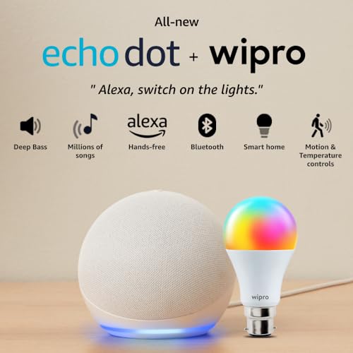 Image of Amazon Echo Dot (5th Gen, White) Smart Home Combo with Wipro 12W LED Smart Color Bulb