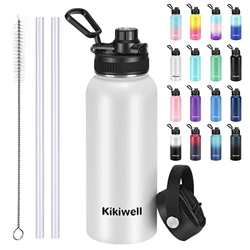 Insulated Water Bottle With Straw, Sports Water Bottle 1 Liter, Reusable Vacuum 18/8 Stainless Steel Flask Thermos, Modern Wide Mouth Double Walled Simple Mug, Keeps Hot and Cold (32 oz, White) -  Kikiwell