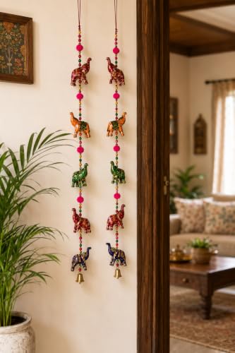 Image of Bindian Handcrafted Rajasthani Wind Chime with Bells, Multicolour, 72x23 cm, Traditional Wall Hanging for Home, Garden & Balcony (Elephant Pack of 2)