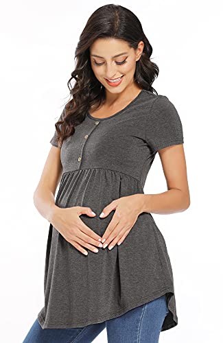 Poshglam Women's Maternity Top Shirts Round Neck Ruched Pregnancy Clothes With Button Accent (Short Sleeve Deep Heather Gray, L) #TOP2