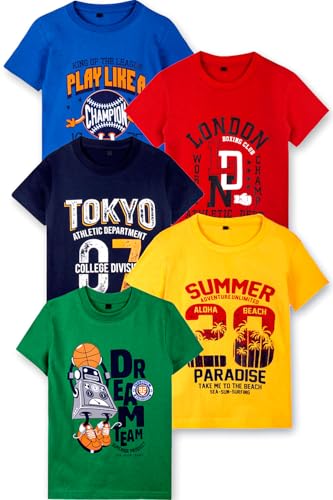 Image of T2F Boys Cotton Regular fit T-Shirts Pack of 5 |Soft Cotton Breathable Fabric | Half Sleeve Round Neck | Casual Wear Combo | Kids Clothing