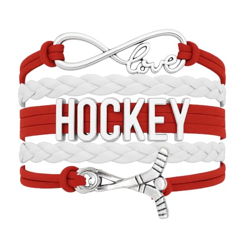 Hockey Bracelet – Red and White Infinity Love Wrap Wristband with Hockey Stick Charm – Gift for Hockey Players, Teams, and Fans