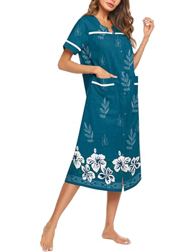 Ekouaer Womens Snap Front Dusters Cotton Housecoat Short Sleeve Nightgown House Dress With Pockets2