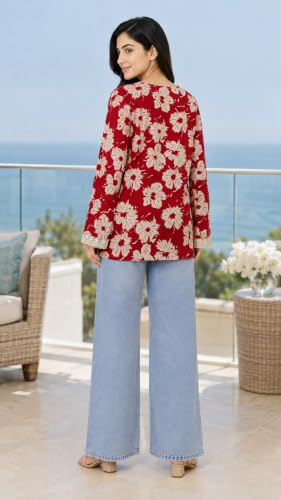 Image of Women's Floral Printed Cotton Kurti Summer Cotton Tunic Top for Girls