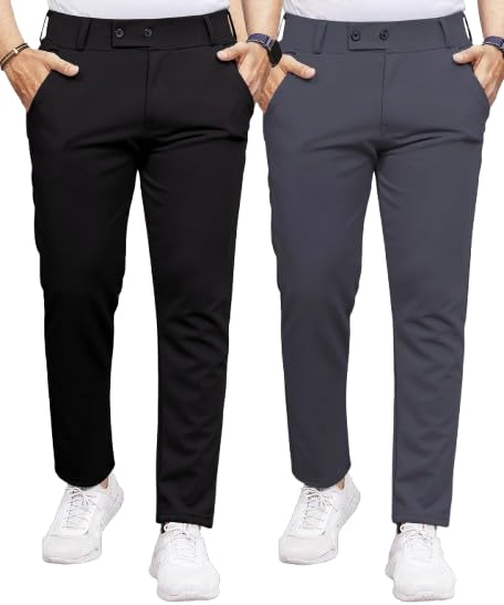 Image of Men's Slim Fit Lycra Formal Trousers Combo | Stretchable Smart Casual Pants for Office Wear | Mid-Rise Flat Front Stylish Chinos