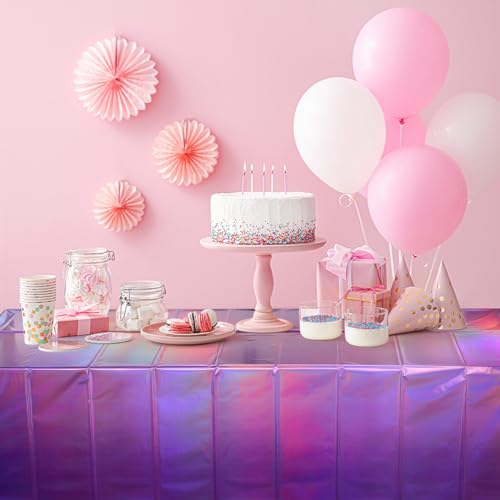Image of 3 Pack Ombre Iridescent Pink and Purple Plastic Tablecloths, Shiny Disposable Laser Rectangle Table Covers Holographic Foil Tablecloth Iridescent Party Decoration Birthday Bridal Wedding, 54x108 Inch
