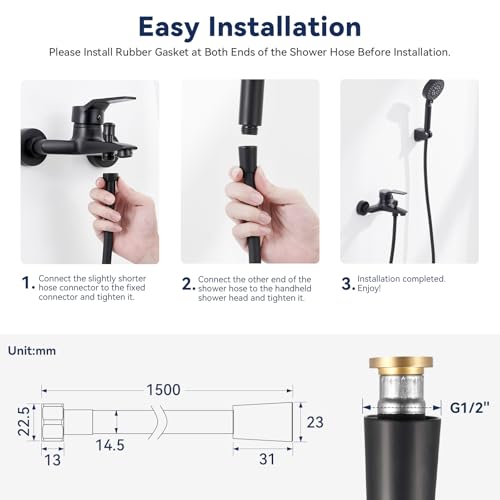 Auralum Duschschlauch, PVC Flexibler Brauseschlauch 1,5m mit Messinganschlüssen – Knick-/Verdrehsicherer Schlauch Dusche – G1/2 Universalanschluss Shower Hose Auslaufsicher (Schwarz)