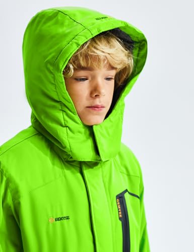 GEMYSE Jungen Skijacke Wasserdichte Winterjacke Warm Gefütterte Kinder Winddichte Schneejacke mit Kapuze für Aktivitäten im Freien(Leuchtend Grün 01,152-158)