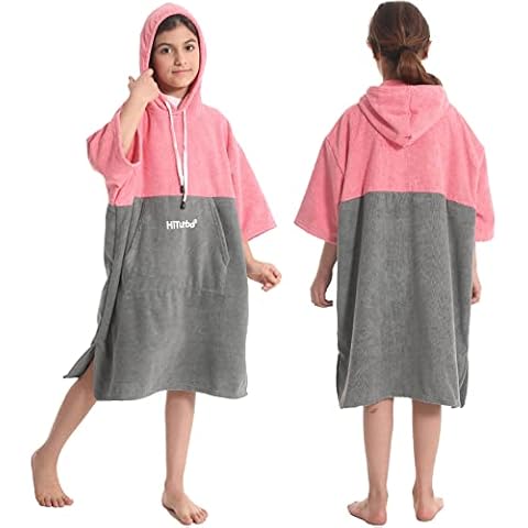 Hiturbo Kids Changing Towel Robe,Hooded Absorbent Surf Poncho Swimming Bathrobe for Beach,Bathing,Surfing,Indoor & Outdoor Activities (Pink/Grey) Cover