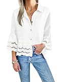 Cicy Bell Womens 3/4 Bell Sleeve Button Down Shirts Casual Ruffle Hem Tops Eyelet Blouse White