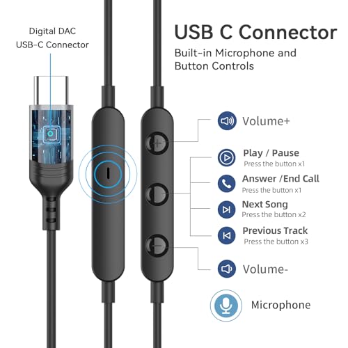 Image of USB C Wired Earphones with Microphone & Volume Control, Type-C in-Ear Headphones with Portable Pouch & Noise Isolating Stereo Sound for Samsung, Google Pixel, iPad Pro, Laptop, Tablet (Black)