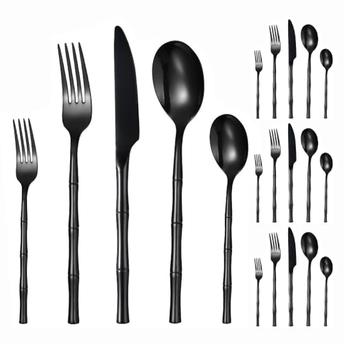 Imitation Bamboo Handle Design Kitchen Stainless Steel Silverware Tableware Flatware Cutlery Set Steak Knife Fork Spoon Teaspoon (Black,20 pieces)