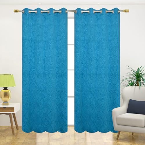 Image of Fabrilia Velvet Eyelet Door Curtain 9 feet Long for Living Room /Bedroom, Aqua, Pack of 1 Piece