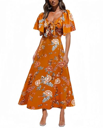 Image of Fashionme Womens Dresses 2026 Maxi Dresses Deep V Neck Elegant Bow Tie Front Cap Sleeve Summer Floral Satin Smocked Dress