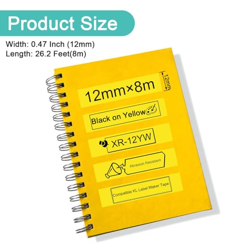 Image of ZIBUYU 12mm Label Tape for Casio Label Printers Yellow with Black Ink | Compatible with KL Series (KL-120, KL-60, KL-820), Waterproof & Fade-Resistant, 1 Roll