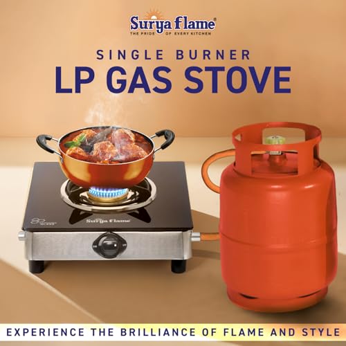 Image of Surya Flame Gas Stove Single Burner LPG GlassTop Chulha with toughened glass Atlas Brass Burner manual ignition Cooktop ISI Certified Doorstep Services 2 Years (1Burner Black)