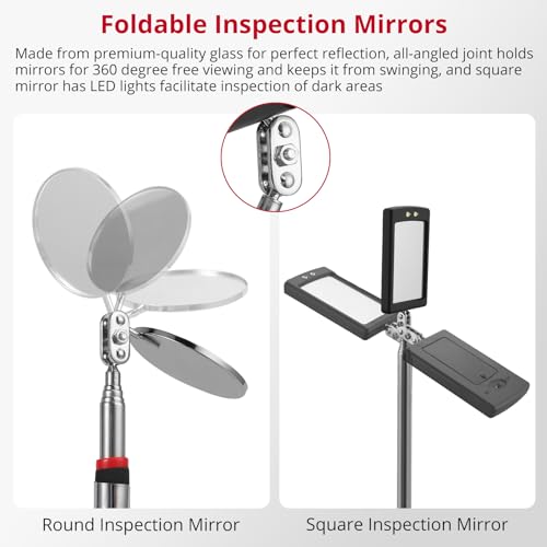 XUNTOP 6 Pieces Magnetic Telescoping Pickup Grabber Tool Set,Including 15 lb/1 lb/8 lb with LED Light/Round/Square Inspection Mirror/Telescoping Handle 360° Swivel, For Extra Viewing Pickup Dead Angle