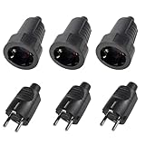 Contenu et détails : Le kit contient 3 prises mâles Schuko + 3 prises femelles Schuko (2 pôles avec conducteur de protection). Données techniques : Tension nominale 250V | Courant nominal : 16A | Section de conducteur max. : 10 mm². Toutes les pièces en caoutchouc noir – prêtes à l'emploi.