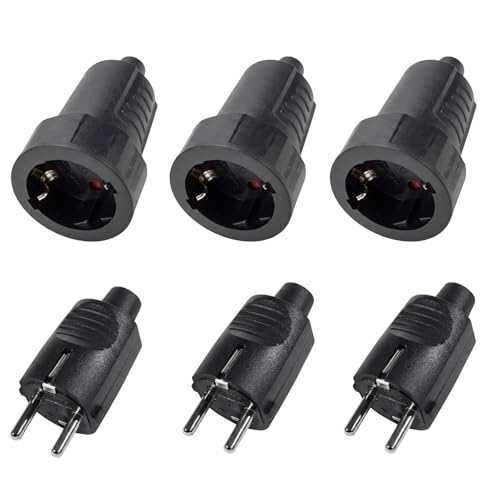 Kit de 3 Prises Schuko 250V IP44 – Prise Male et Femelle avec Relief de Traction pour Intérieur et Extérieur, 16A | 2 pôles | Boîtier Caoutchouc (Noir)