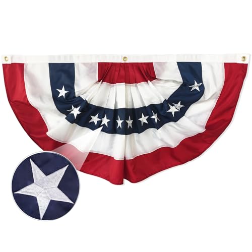 American Flag Bunting Outdoor 3x6 Ft Embroidered Stars USA Pleated Fan Flags Heavy Duty Canvas Header & 3 Brass Grommets for 4th of July Patriotic Decoration Memorial Day
