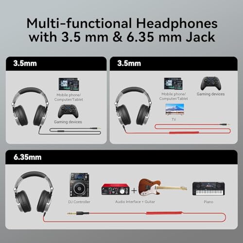 OneOdio Wired Over Ear Headphones Hi-Res Studio Monitor & Mixing DJ Stereo Headsets with 50mm Drivers and 1/4 to 3.5mm Jack for AMP Computer Recording Podcast Keyboard Guitar Laptop - Black