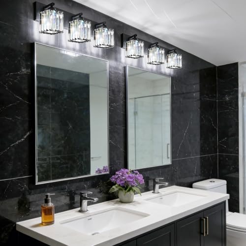 Image of Black Crystal Bathroom Vanity Light, 3-Light Modern Bathroom Lighting Fixtures Over Mirror, Matte Black Wall Sconce Light Fixtures with Square Shade