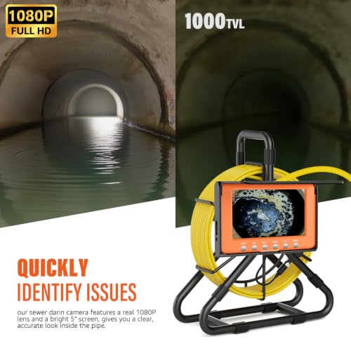 Cámara de alcantarillado 100FT, pantalla HD 1080P de 5'' con DVR-32GB Cámara de inspección de tuberías 5000mAh miniatura 4